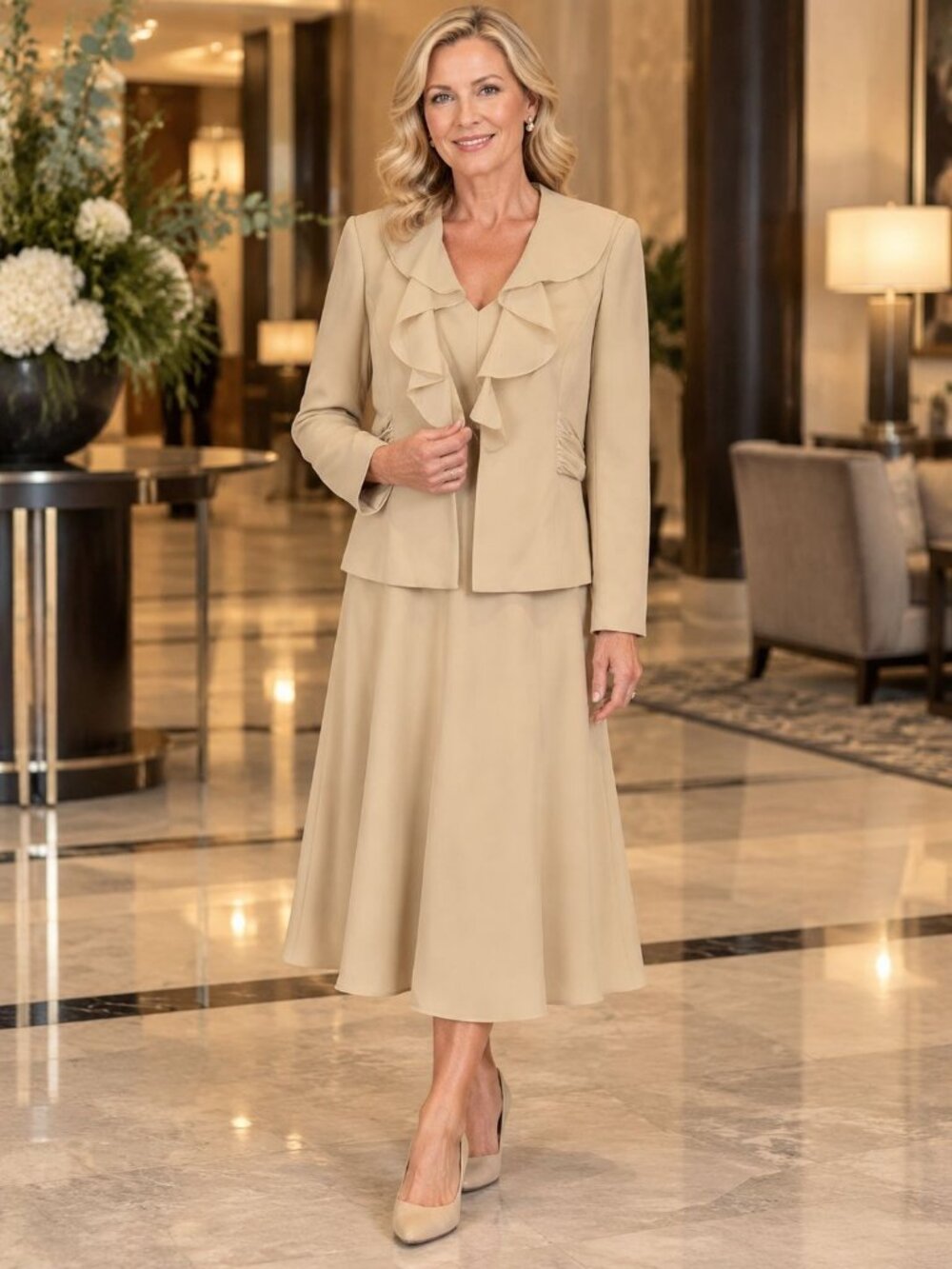 Evan-Picone Womens Two-Piece Beige Dress & Jacket Set Size 6 Elegant Ruffled Col